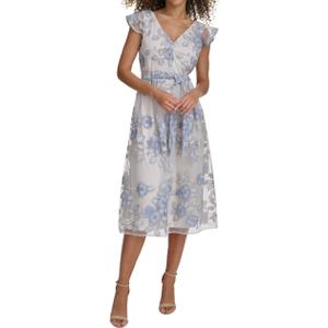 Kensie Womens Cap Sleeve Tie Wasit Midi Dress (10, Peri / Gold)