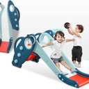 Onasti Kids Slide for Toddlers Age 1-3 Indoor Baby Plastic Slide Outdoor Climber Freestanding Playset with Basketball Hoop & Ring Game Blue
