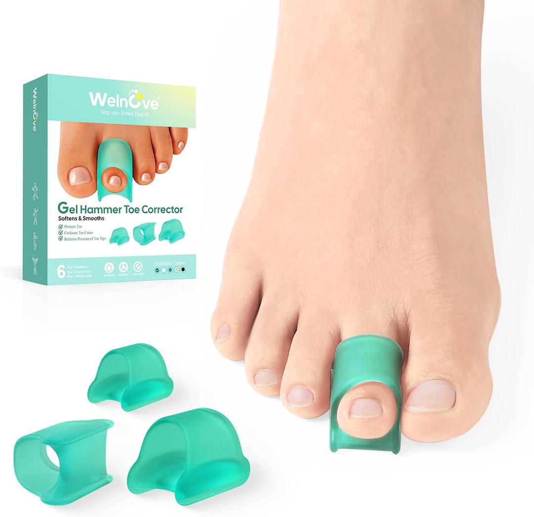 Welnove Hammertoe Corrector - 6 Pack Toe Splints - Soft Gel Toe Straighteners - Realign Bent, Curled, Crooked, Claw, Hammer Toes - Toe Corrector for Men and Women, 3 Different Sizes (Green)