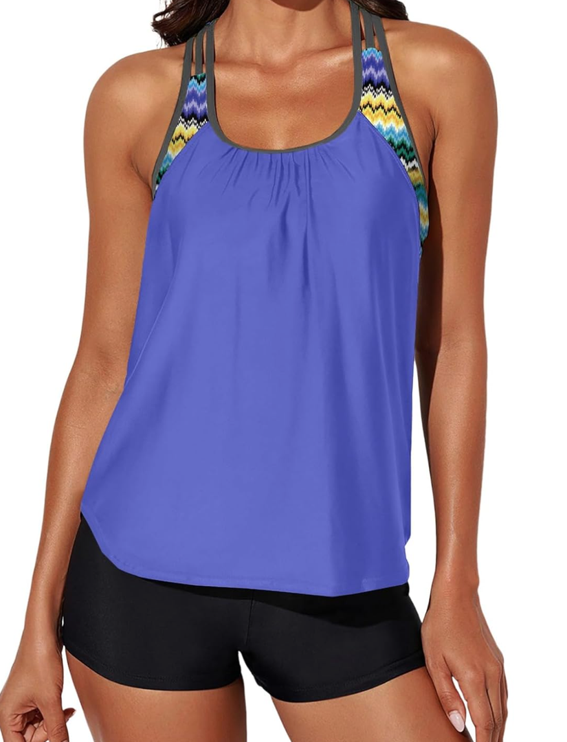 Aleumdr Womens Blouson Striped Printed Push up Strappy T-Back Tankini Top with Shorts, XL