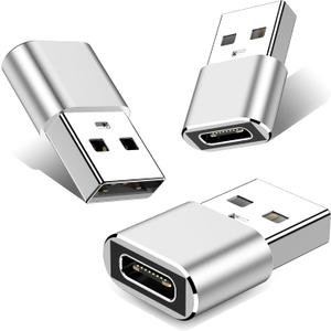 USB to USB C Adapter-3Pack,Type C Female to USB Male Charger Cable Converter for iPhone 15 Pro Max Plus/14,for Apple Watch 9/Ultra,for iPad Pro/Air/Mini,for Airpods,Samsung,Car (Silver)