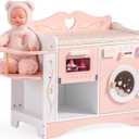 ROBUD Baby Doll Crib, Pink Baby Doll Beds, Wooden Doll Changing Station with Seat, Bottle Sterilizer, Washing Machine and Storage, Doll Accessories of Toy Crib to Kids, WDH20