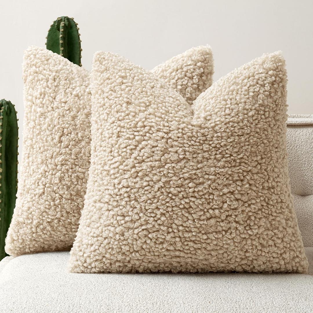 Woaboy Faux Fur Throw Pillow Covers 20x20 Inch Set of 2 Boucle Neutral Decorative Sherpa Fuzzy Accent Soft Sheepskin Fleece Cushions Modern Home Decor for Couch Sofa Bedroom Living Room,Oatmeal