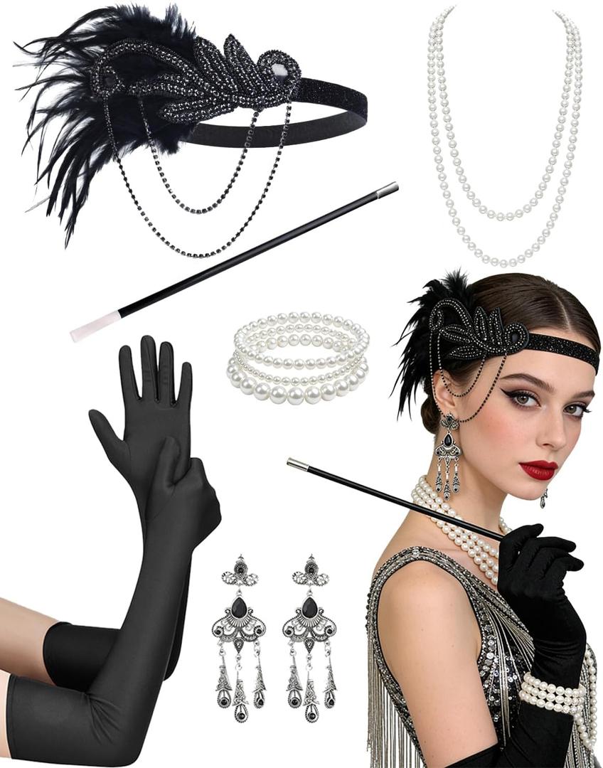 kasahara 1920s Flapper Roraing 20s Costume Accessories Set Feather Headband, Earrings, Pearl Necklace Bracelet, Long Gloves