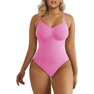 SHAPERX Women's Shapewear Bodysuit Tummy Control Body Shaper Seamless Sculpting Snatched Waist Body Suit (Small/Medium, Pink Thong)