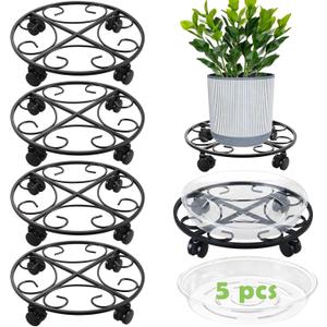 12" Metal Plant Caddy with Wheels 5 Packs Rolling Plant Stands Indoor Wheeled Plant Dolly Heavy-duty Pot Mover Roller Base Outdoor Plant Trolley Cart with Brake Casters Water-proof Dust-proof, Black