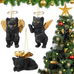 Soulchen 3 Pcs Cat Loss Sympathy Memorial Gifts, 2 Inch Mini Black Cat Angel Hanging Ornaments Christmas Pet Sympathy Memorial Gifts for Loss of Pet