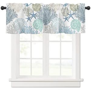 Coral Valance for Windows Starfish Seashell Curtains Valances Blue Ocean Coastal Short Curtains Rod Pocket Window Treatment for Kitchen Living Room Bedroom Bathroom Summer Beach Decor 1 Panel 54x18