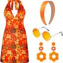 SATINIOR 4 Pcs 60s 70s Women's Hippie Costume Retro Disco Outfit Groovy Dress Headband Earring Sunglasses for Halloween Party Size L