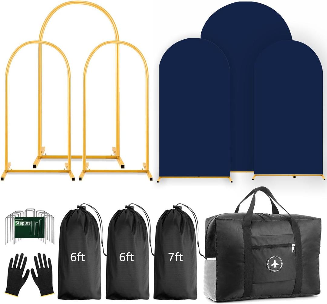Arch Backdrop Stand Set with Cover,(7.2ft,6ft x 2) Arched Frame Stand & Spandex Wedding Arch Cover & Storage Bag (Navy Blue, 7.2Ft+6Ft+6Ft)