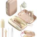 Travel Baby Essentials, 7in1 Travel Baby Bottle Cleaning Kit, Baby Essentials for Flying Nipple, Drying Rack, Straw, Soap Dispenser Dish Soap for Bottles, Gift for Mom (Pink)