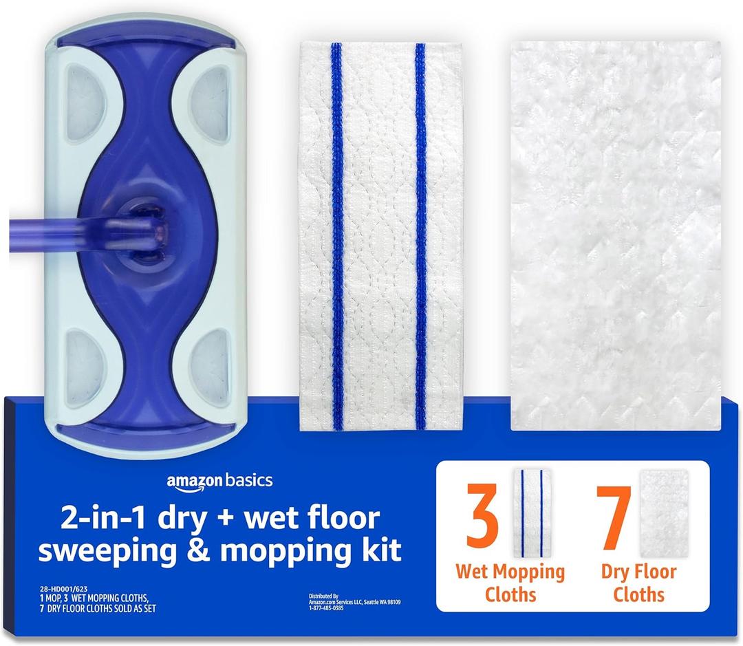 Wet & Dry Sweeper Kit, 1 Sweeper Handle, 7 Heavy Duty Dry Floor Cloths, 3 Wet Floor Cloths, Pack of 1