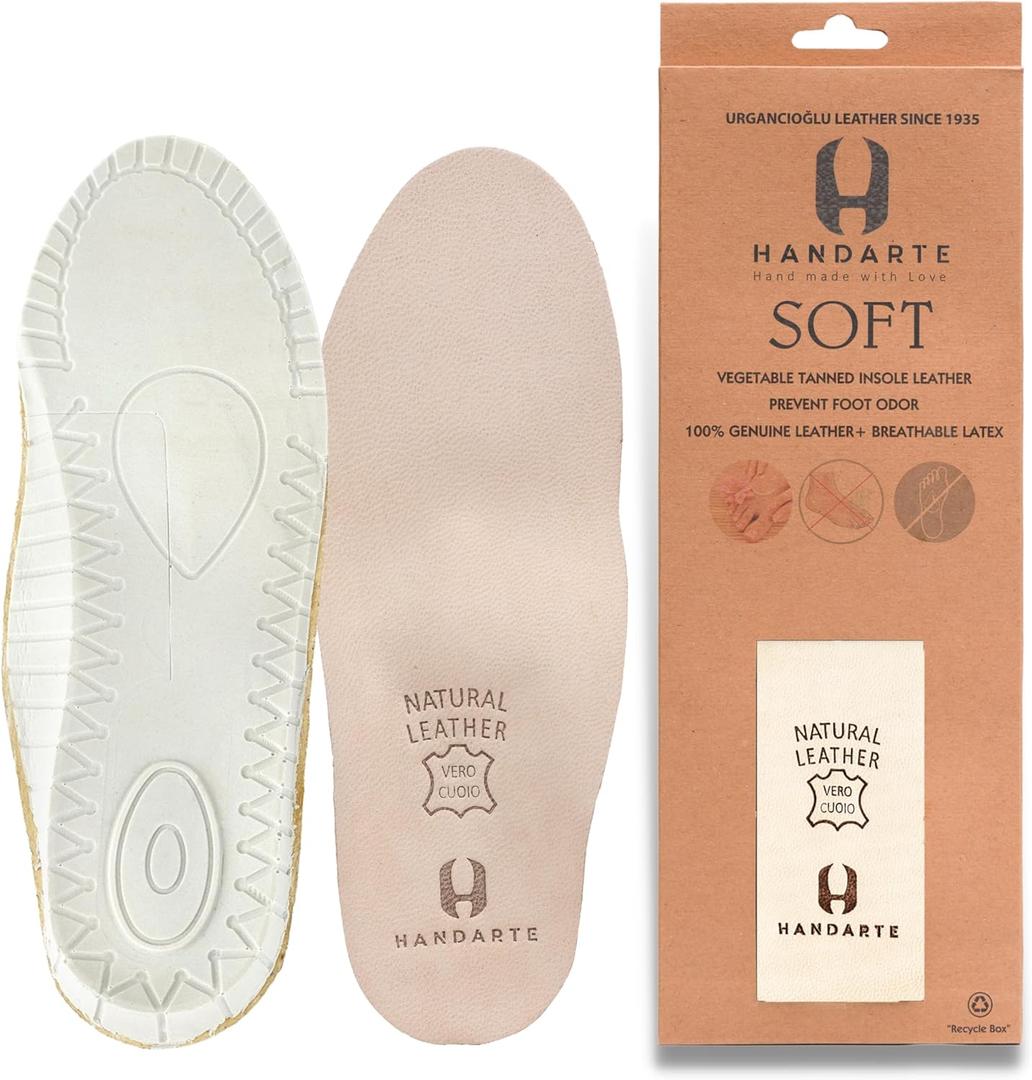 HANDARTE Leather Orthopedic Insoles | Padded Comfort Shoe Inserts for Women | 100% Natural Goatskin - ChromeFree, Anti Sweat & Anti-Odor - Suitable for No-Socks (US W5.5/6 | EU36)