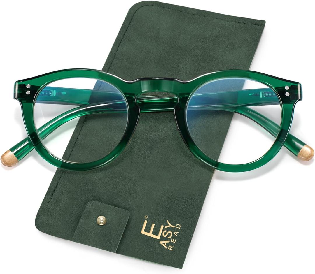 EASY READ Retro Round Blue Light Blocking Reading Glasses for Women,Anti UV Readers for Women with Spring Hinge(Green,+2.50)