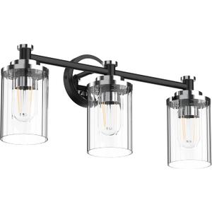 Bathroom Lighting Fixtures Black and Chrome Bathroom Vanity Light with Cylindrical Clear Stripes Glass Lampshade E26 Socket Base Bathroom Lighting Fixtures Over Mirror (3 Lights)