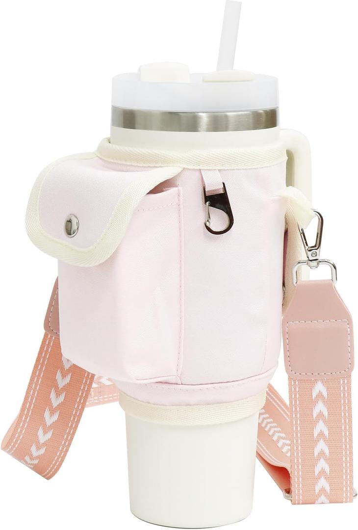 Water Bottle Carrier Bag with Strap for 40 oz Tumbler  Water Bottle Holder with Phone Pocket, Fits Stanley Quencher H2.0, Simple Modern, and More  Stylish Stanley Accessories for On-The-Go (Pink)