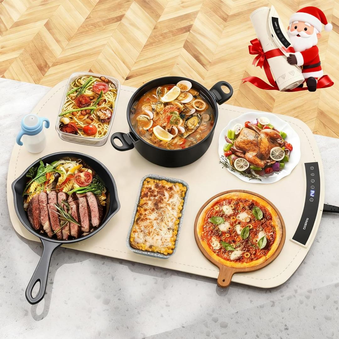 Food Warming Mat, Electric Warming Tray for Buffets & Parties, Silicone Heating Mat for Food with 9 Temperature Settings, Roll-Up Storage, 25.8"x15.6" (Beige)