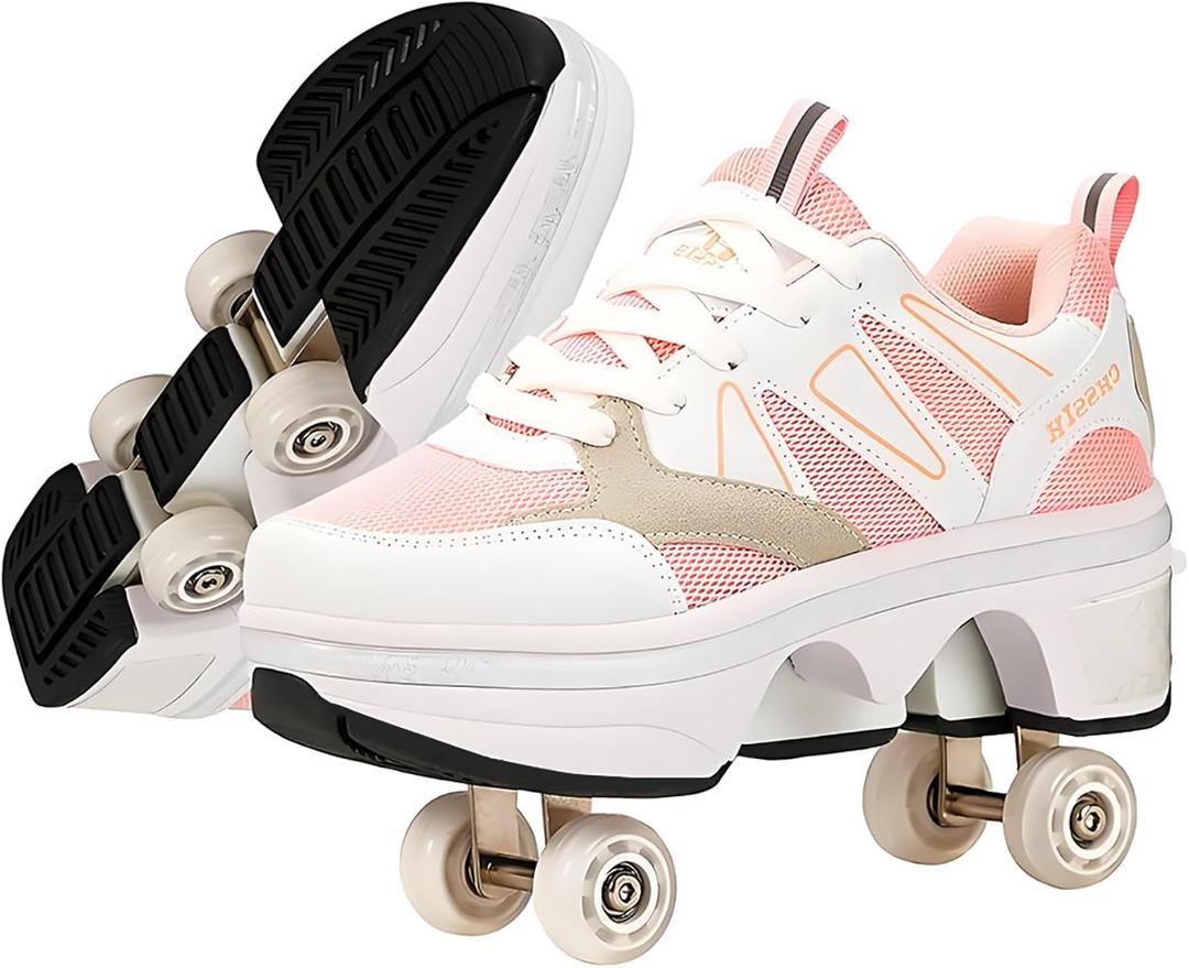 CHSSIH Roller Skate Shoes for Girls, Kids, Women, Men & Adults  Retractable Shoes with Wheels | Pop-Out High Roller Skating Shoes That Turn Into Sneaker Skates (4.5, pink)