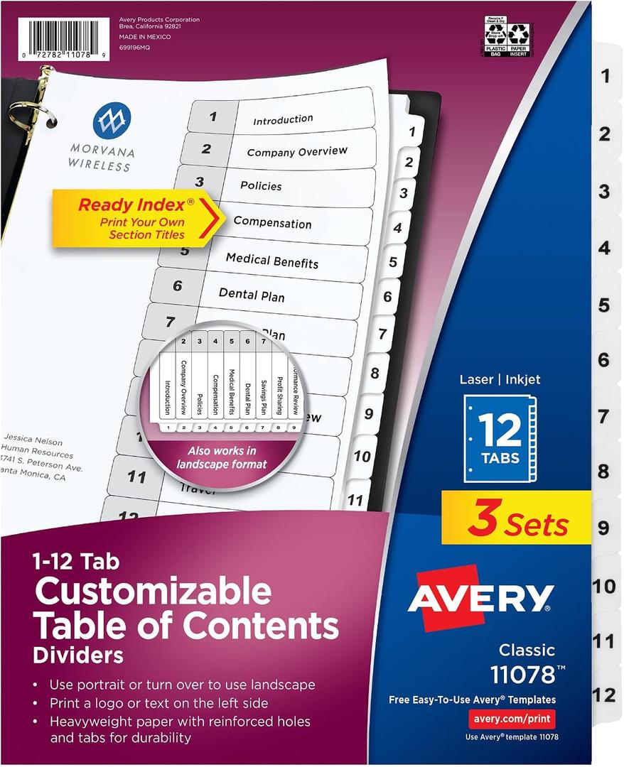 Avery Dividers for 3 Ring Binders, 12 Tabs per Set, Customizable Table of Contents, Classic White Tabs, Great for Organizing Reports, Projects, and More (3 Sets of 11078)