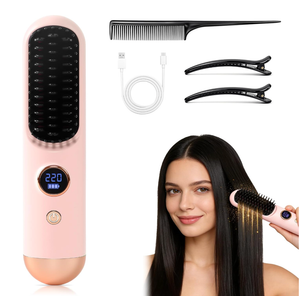 2026 Hair Straightener Brush, Cordless Hair Straightener Brush for Short Hair, Mini Portable Straightening Hair Comb Brush with 9 Temps Fast Heating for Women, Travel Size Hair Styling Tool (Pink)