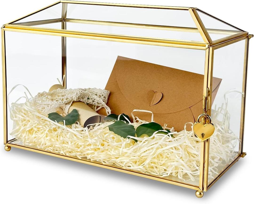 12.6 inches Gold Wedding Glass Card Box Large Wedding Card Box with Lock and Slot for Reception Handmade Clear Decorative Boxes for Graduation, Gift Cards, Party, Ceremony, Geometric Terrarium
