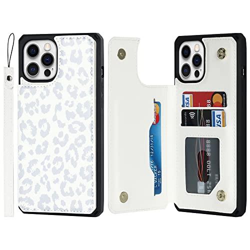 Cavor for iPhone 12 Case with Card Holder,iPhone 12 Wallet Case for Women Men,Phone Cases for iPhone 12 Pro Case with Stand & Strap,Leopard Grain Leather Shockproof Protective Case Cover- Gray