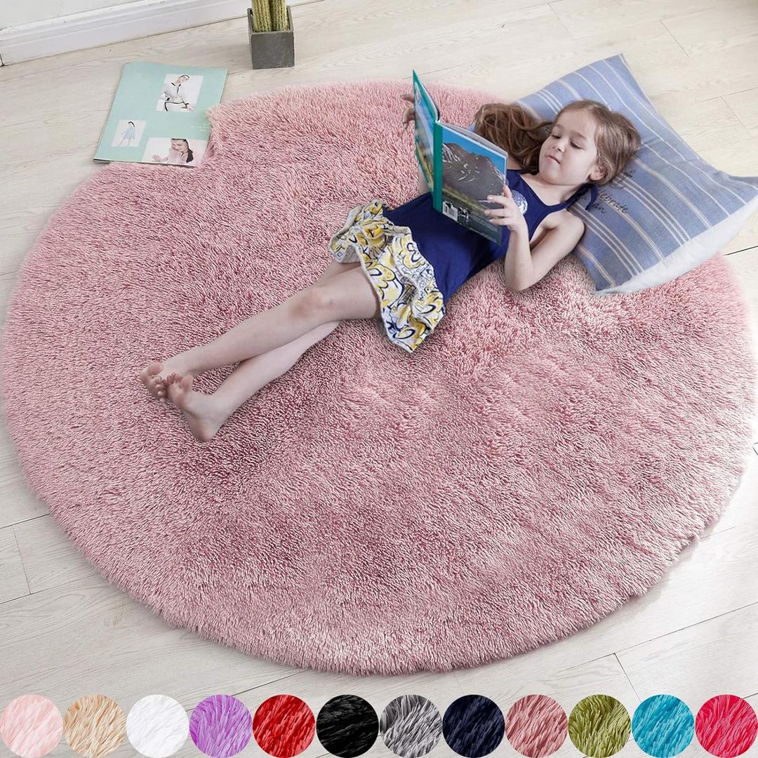 Blush Pink Fluffy Round Rug 4Ft for Bedroom, Fuzzy Furry Circle Area Rugs for Kids Room Decor Aesthetic, Shaggy Circular Carpet for Girls Nursery Dorm Baby Teen, Cute Neutral Dusty Rose Mauve Rug