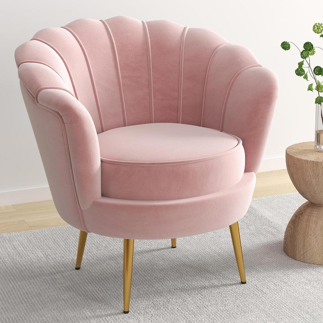 DAGONHIL Mid Century Modern Upholstered Accent Chair,Petal Vanity Chair,Retro Leisure Velvet Single Sofa with Golden Metal Legs for Living Room/Bedroom(Light Pink)