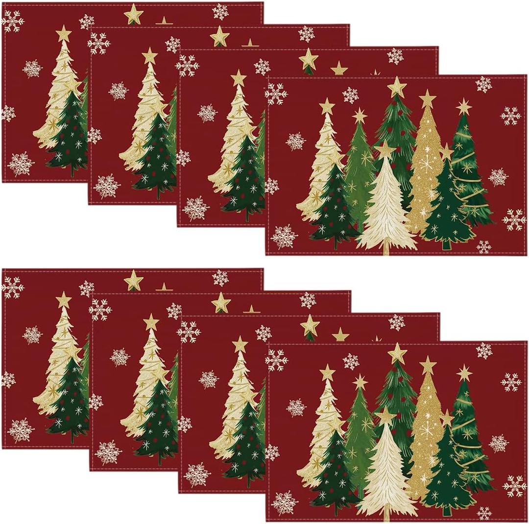 Artoid Mode Xmas Trees Snowflakes Winter Placemats Set of 8, 12x18 Inch Seasonal Red Christmas Table Mats for Party Kitchen Dining Decoration