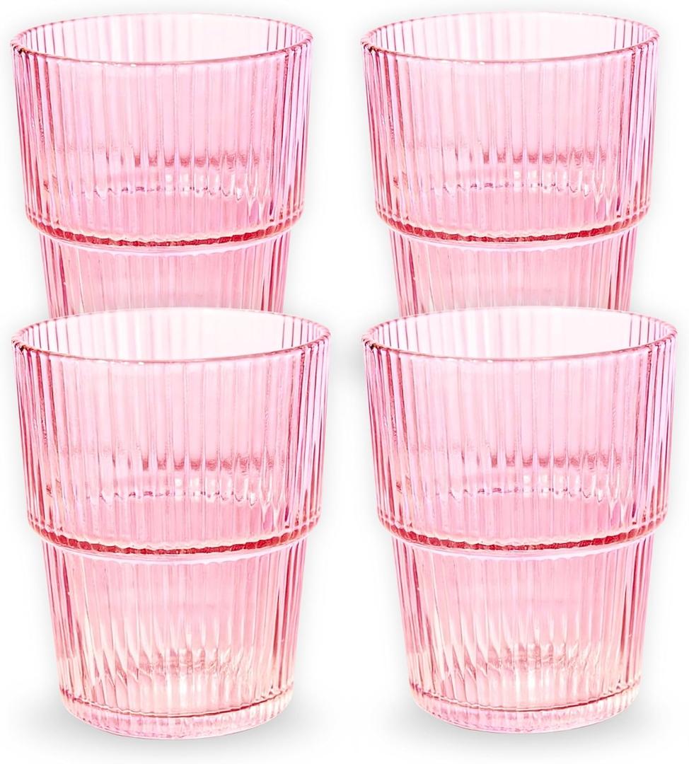 Ribbed Drinking Glasses Set of 4 - Stackable Glass Cups for Kitchen - Iced Coffee, Water, Juice & Mocktails - Aesthetic Water Tumblers Elegant Hostess Gifts Home Essentials (14 fl oz)
