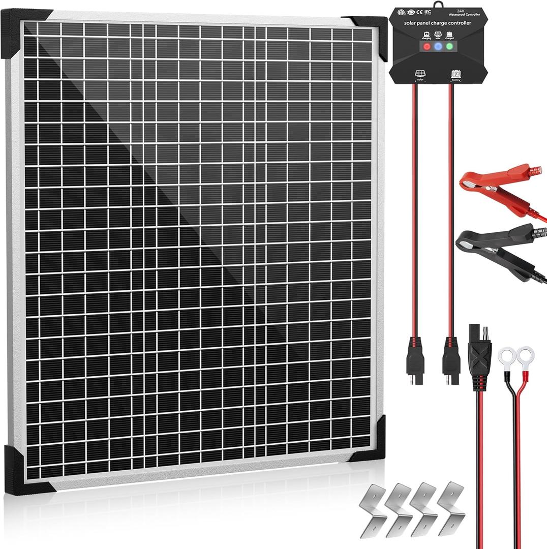 Voltset 50W 24V Solar Panel Kit, Solar Battery Maintainer with MPPT Charge Controller Adjustable Bracket, Solar Battery Charger for RV Car Boat Tractor and Camping