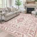 Area Rug 9x12 for Living Room Soft Machine Washable Low Pile Area Rugs Vintage Boho Bedroom,Dinner Room Non-Slip Carpet Rug- Light Pink