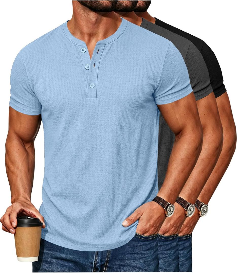 Waffle Henley Shirts for Men Short Sleeve Button Tops Casual Basic T Shirts Lightweight Summer Tees Knit 3 Pack (Blue, XL)