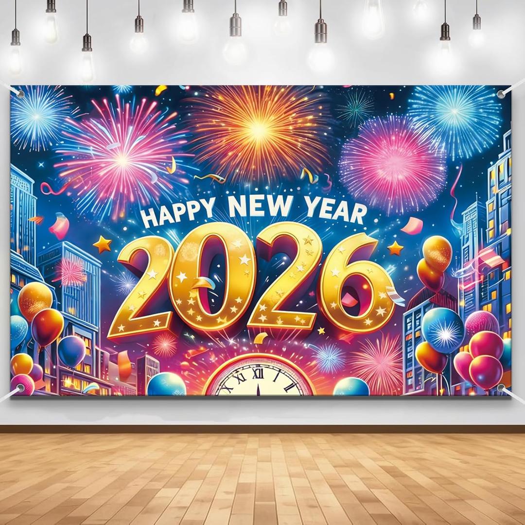 83x59In Happy New Year Banner 2026 Large Backdrop - Muti-Color New Years Decorations 2026 | New Years Eve Party Supplies Banner for Home, Garden, NYE Celebrations & Photoshoot Backdrop Favors