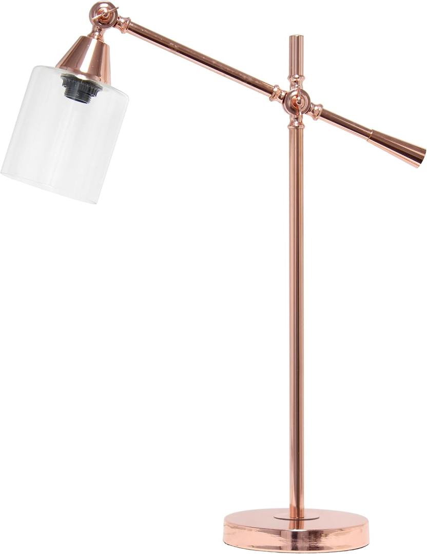 Elegant Designs LD1090-RGD 28" Rustic Industrial Tilt & Turn Desk Lamp with Clear Glass Shade, for Office, Bedroom, Living Room, Rose Gold