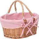 Small Wicker Basket with Removable Pink Liner, Willow Storage Basket for Gifts with Double Handles, Easter Basket,Wedding,Egg Gathering,Pink