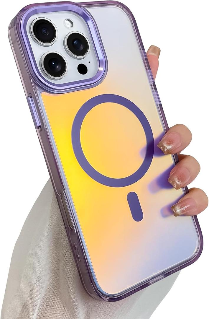 SAKUULO Magnetic Case for iPhone 16 Pro Max Compatible with Magsafe, Bling Laser Iridescent Florescent Crystal Sparkly Luxury Shockproof Protective Cover for Women Men, Purple