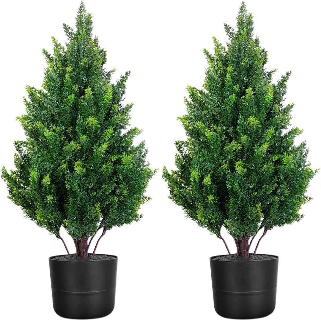 2.3FT Tall Artificial Cedar Topiary Trees Set of 2, Artificial UV Resistant Potted Plants, Faux Bushes Fake Shrubs for Outdoor Indoor Home Entryway Front Porch Garden Patio Offices Living Room Decor