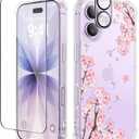 GVIEWIN for iPhone 17 Case, with Screen Protector+Camera Lens Protector, [NonYellowing] Clear Floral Slim Shockproof Protective Hard PC Back Women Phone Case for iPhone 17 6.3", Sakura/Pink