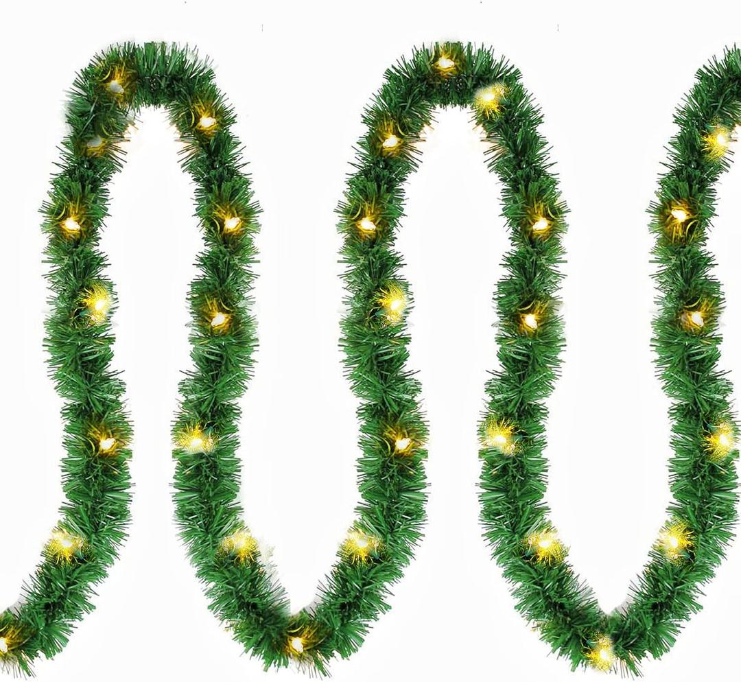 Twinkle Star's 15 ft Pre-lit Christmas Garland, Lighted Artificial Pine Garland with Plug in 35 Count Clear Incandescent Mini Lights, Perfect for Indoor/Outdoor Holiday Decorations