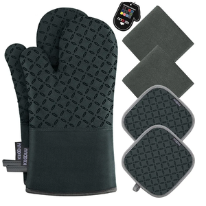 KEGOUU Oven Mitts and Pot Holders 6pcs Set, Kitchen Oven Glove High Heat Resistant 500 Degree Extra Long Oven Mitts and Potholder with Non-Slip Silicone Surface for Cooking (Deep Green)