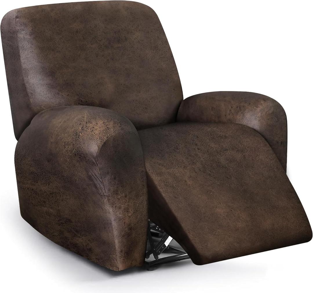ANARACHON Leather Look Recliner Chair Covers, 4-Pieces Stretch Recliner Cover, Soft Reclining Chair Slipcover, Washable Furniture Protector for Large Lazy Boy Recliner (1 XL Seater, Brown)