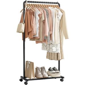 Clothes Rack - Clothing Rack with Wheels, Multi-Functional Clothing Racks for Hanging Clothes and Shoes, Large Capacity Garment Rack for Bedroom, Living Room and Office, Black, Medium (28.7Wx14.8Dx59.0H (1 Rod), Black)