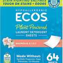 ECOS Laundry Detergent Sheets Vegan, No Plastic Jug, No Mess & Liquid Free - Laundry Sheets in Washer - Hypoallergenic, Plant Powered Laundry Detergent Sheets - Magnolia & Lily - 64 Sheets (Pack of 1)