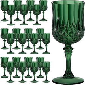 7OZ Plastic Wine Glasses, Reusable Vintage Goblets Unbreakable Drinking Glasses Crystal Water Cups Champagne for Wedding, Parties (24, Dark Green)