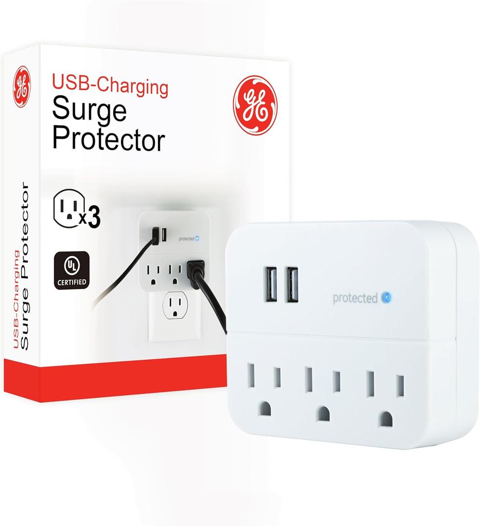 GE 14512 Surge Tap, 3 Outlets, 450J, USB, 2 Ports, 1.0A, White