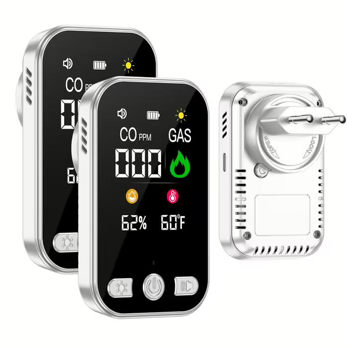 2 Pack Carbon Monoxide Detectors & Natural Gas Alarm Plug in,4in1 CO Detector & Combustible Gas Sensor with Battery Backup,Temperature & Humidity Display,Ideal for Home Travel