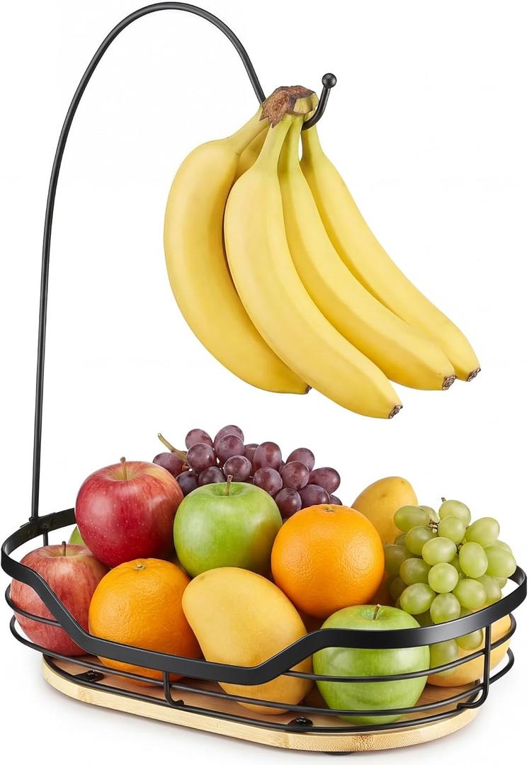 Banana Holder - Fruit Basket with Banana Hook - Banana Hanger with Bamboo Base - Metal Banana Stand for Kitchen Counter (Black)