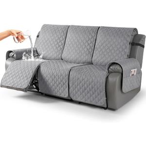 TAOCOCO 100% Waterproof Recliner Covers, Recliner Sofa Covers with Leg Straps, Reversible Recliner Couch Cover for Reclining Chair, Washable Couch Protector for Pets Kids(3 Seater, Light Gray)