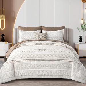WONGS BEDDING Brown Boho Comforter Set Queen 7 Pieces Bed in a Bag Geometric Striped Comforter Reversible Soft Microfiber Bedding Set with Pillowcases,Flat Sheet,Fitted Sheet,Pillow Shams